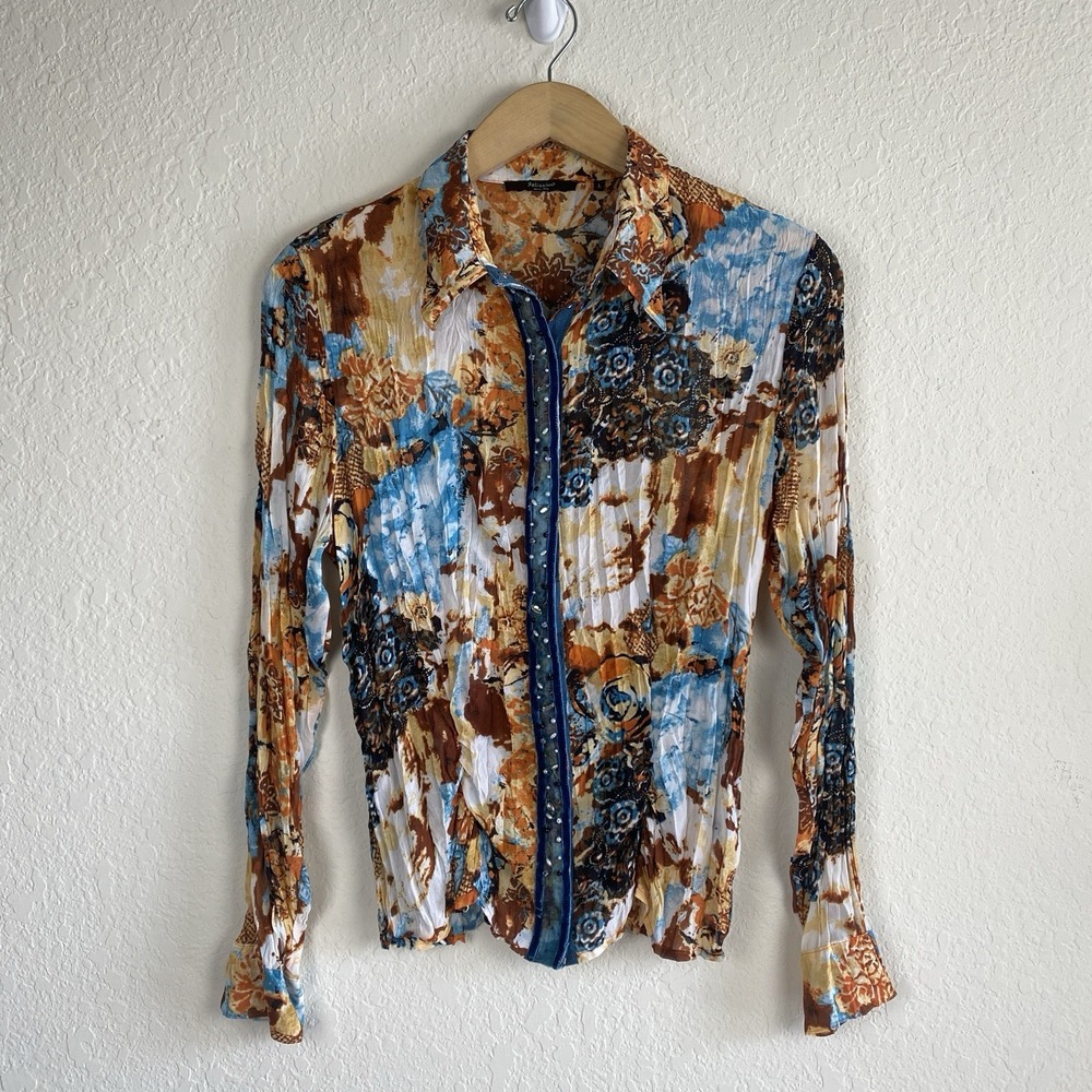 Vtg Belissimo L Crinkle Top Long Sleeve Whimsigoth Romantic Beaded Indie 90s